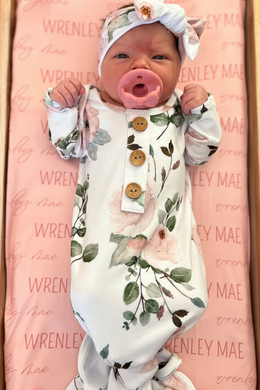 Millie's Dusty Rose Garden Newborn Baby Knot Gown & Hat Set