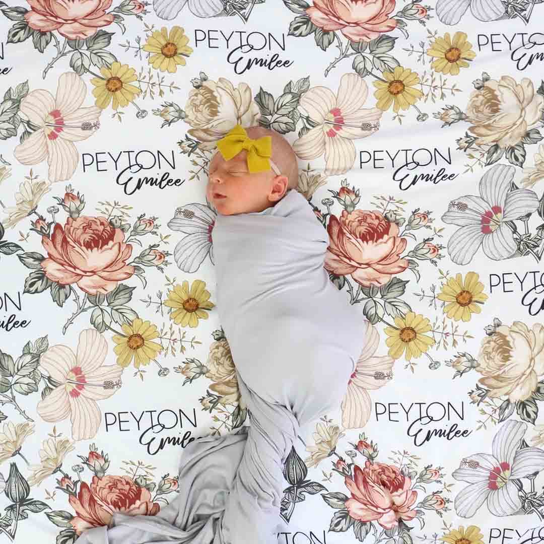 Peyton's Vintage Floral Personalized Baby Name Swaddle Blanket