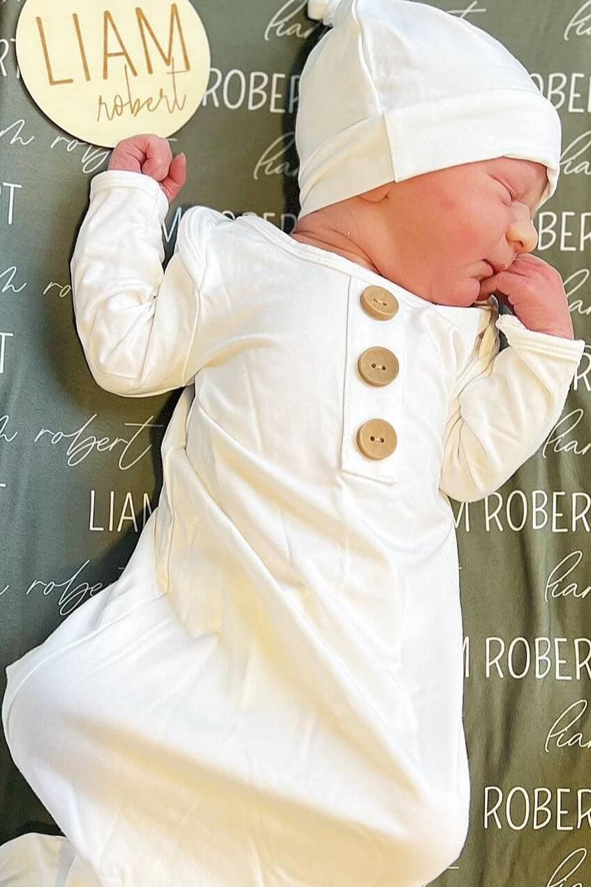 Solid White Bamboo Baby Knot Gown & Hat