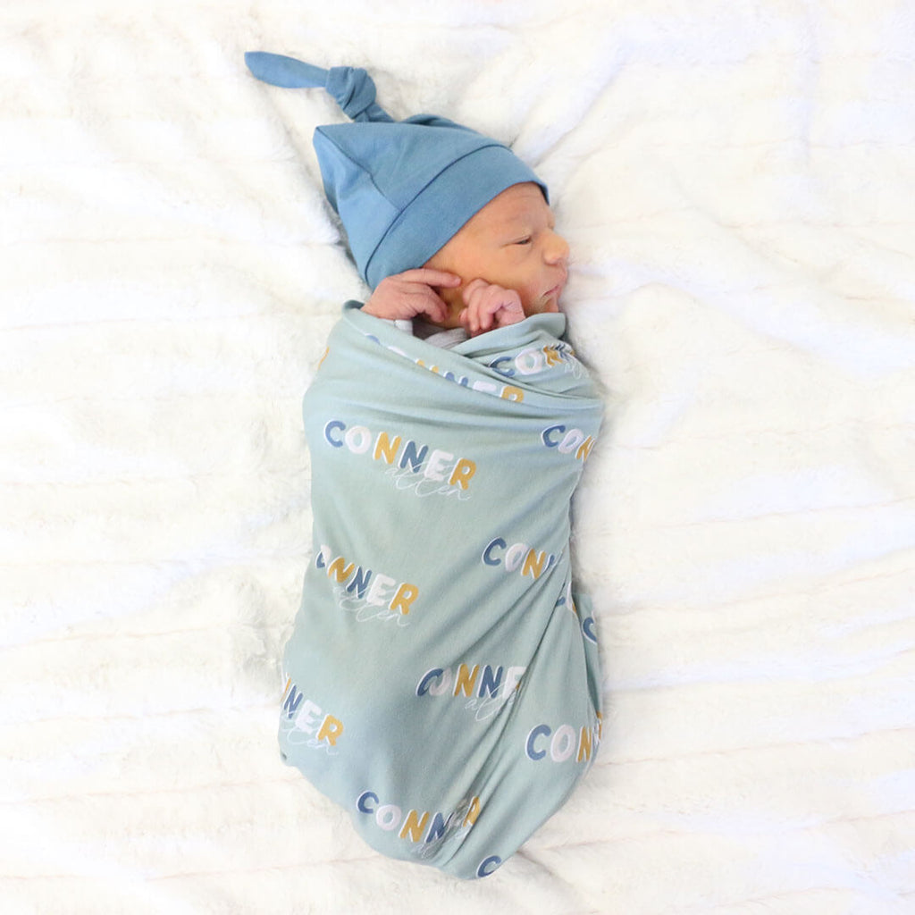 Dusty Moss Retro Personalized Baby Name Swaddle Blanket
