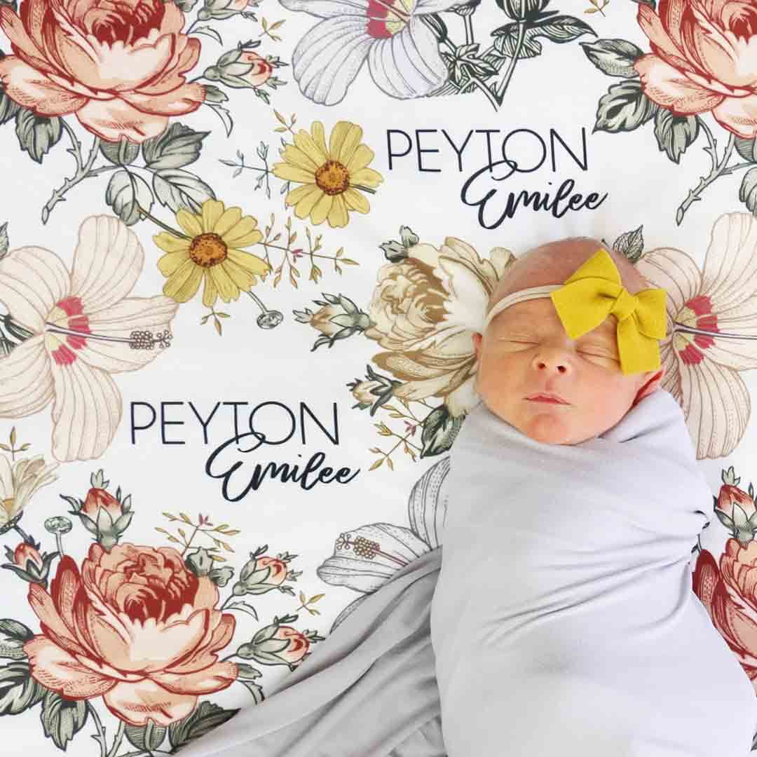 Peyton's Vintage Floral Personalized Baby Name Swaddle Blanket