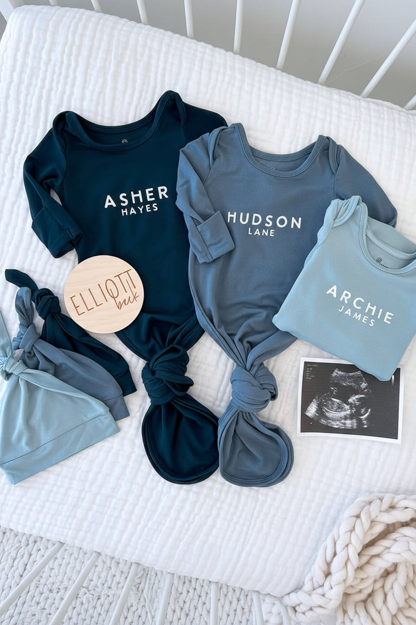 Personalized Bamboo Newborn Baby Knot Gown | River Blues - Block