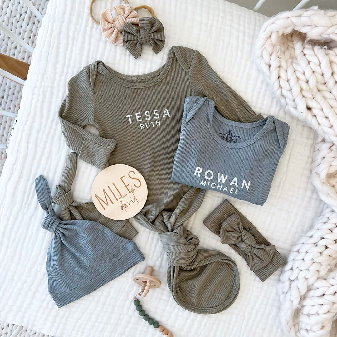 Personalized Bamboo Newborn Baby Knot Gown | Nature Neutrals - Block