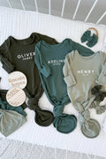 Personalized Bamboo Newborn Baby Knot Gown & Hat | Garden Greens - Block