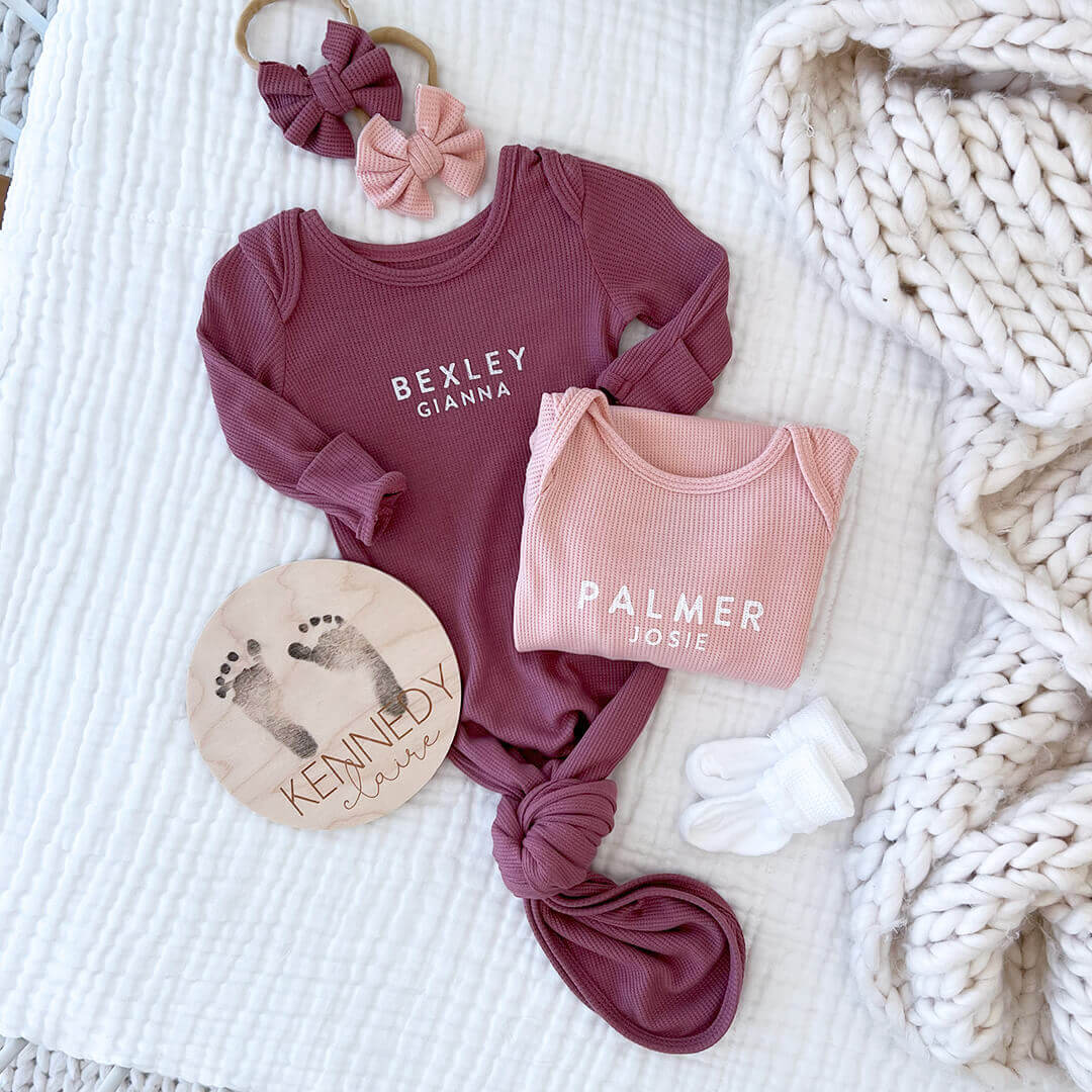 Personalized Bamboo Newborn Baby Knot Gown | Sweet Waffles - Block