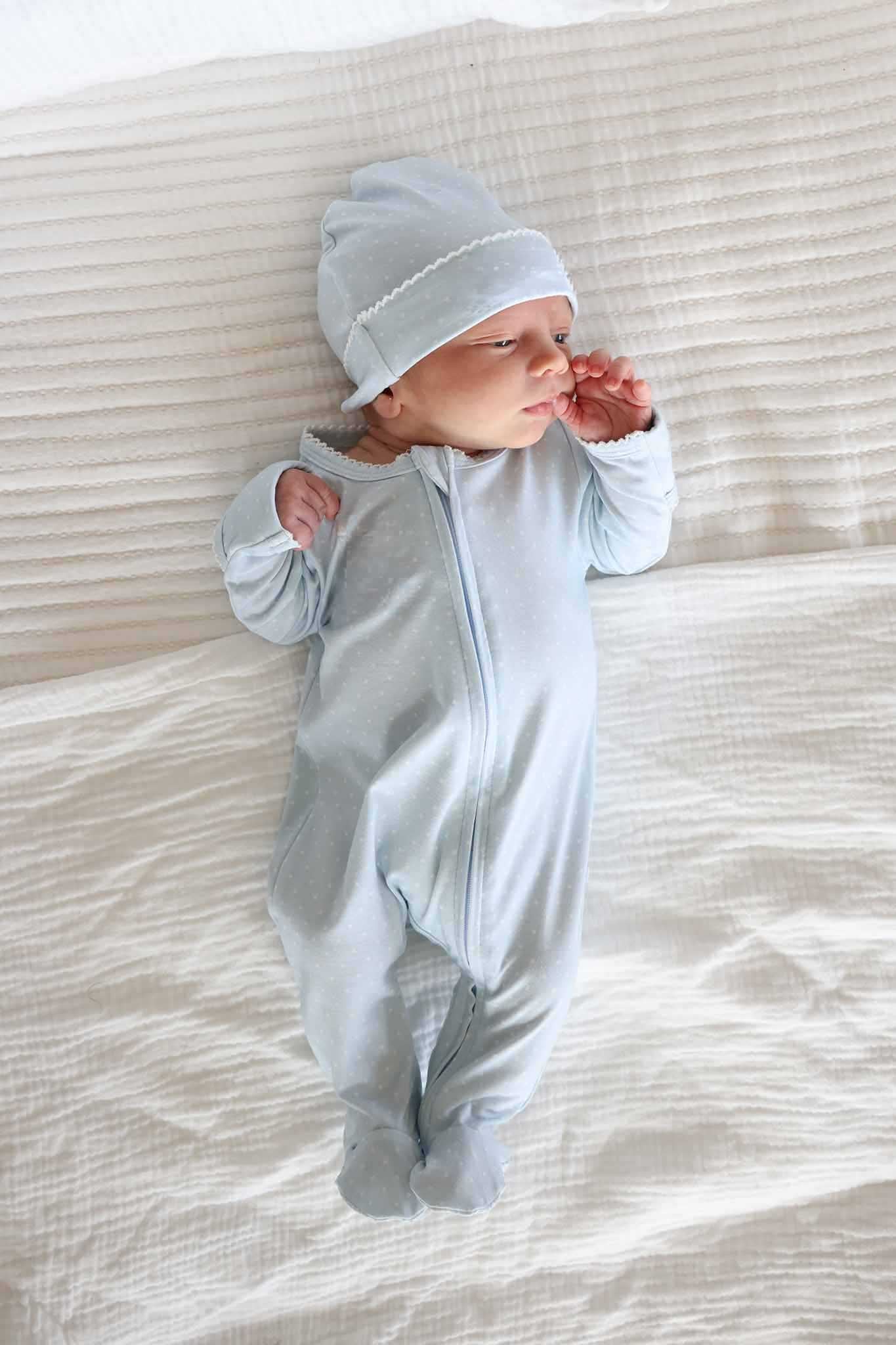 Picot Trim Bamboo Zipper Footie | Baby Blue