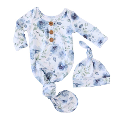 Bailey's Blue Floral Newborn Baby Knot Gown & Hat Set