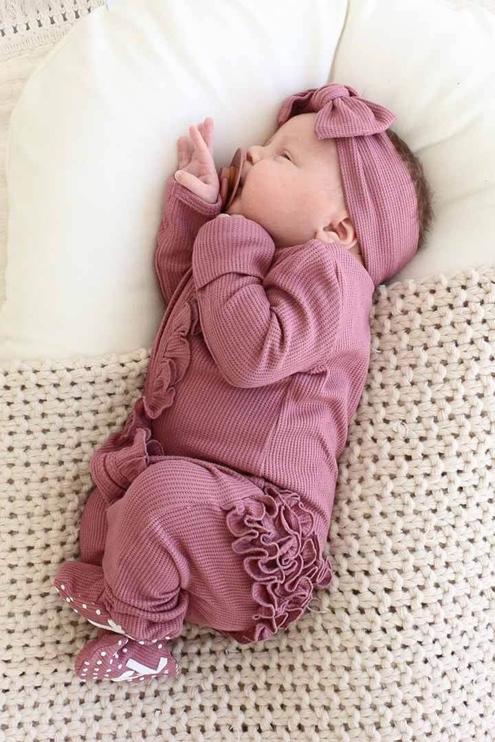 Boysenberry Bamboo Waffle Ruffle Zipper Footie