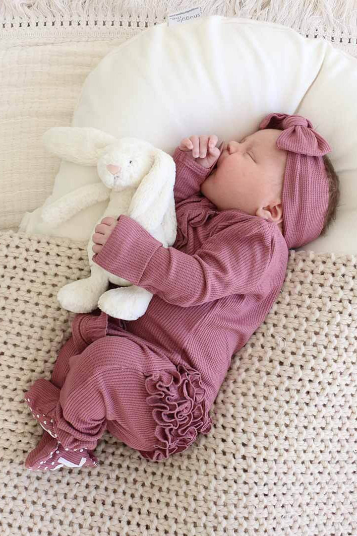 Boysenberry Bamboo Waffle Ruffle Zipper Footie