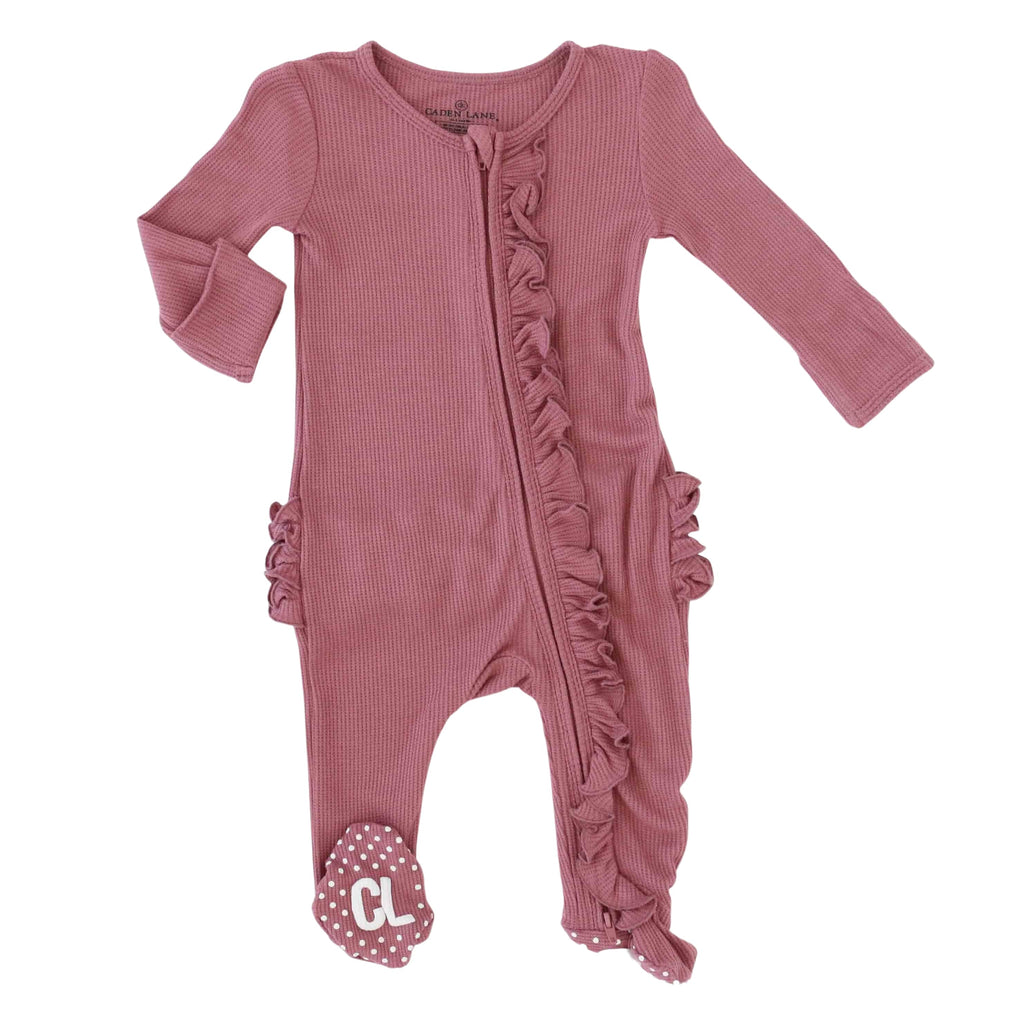 Boysenberry Bamboo Waffle Ruffle Zipper Footie
