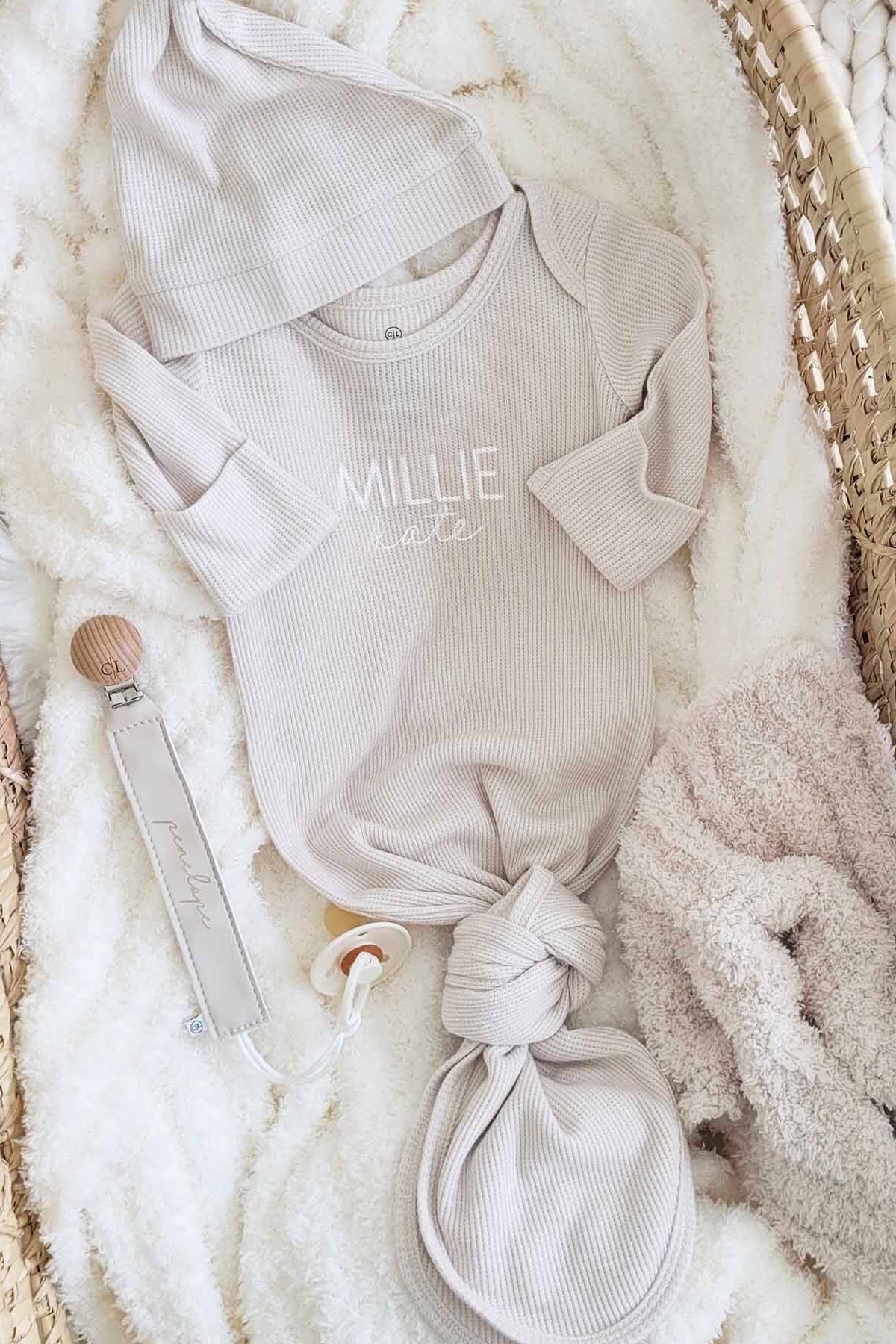 Personalized Bamboo Waffle Newborn Baby Knot Gown | Pastel Cutie