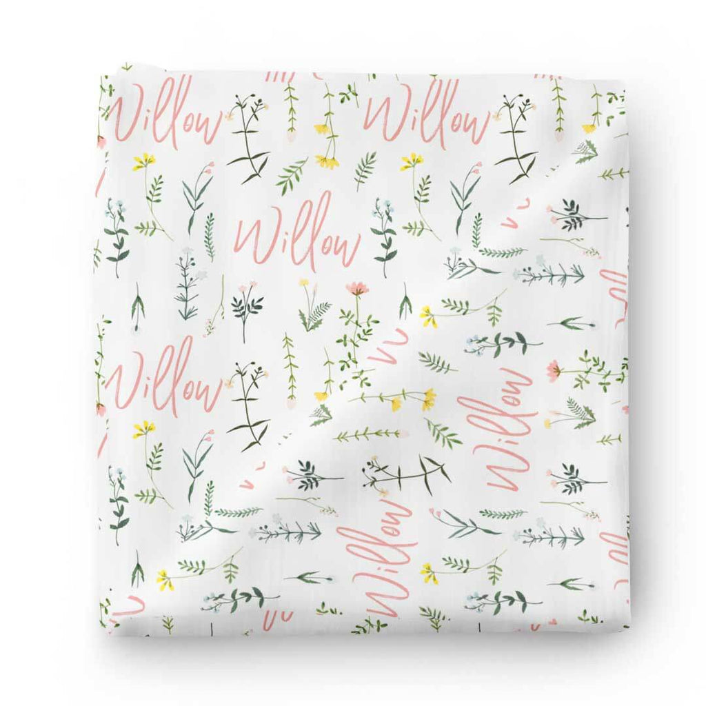 Lilly's Wildflower Leaves Personalized Baby Name Swaddle Blanket