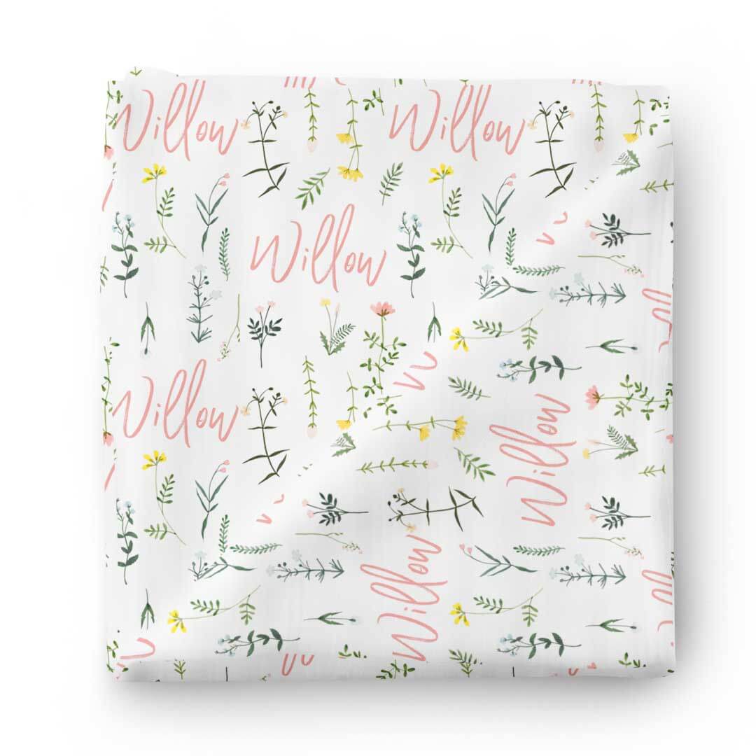 Lilly's Wildflower Leaves Personalized Baby Name Swaddle Blanket