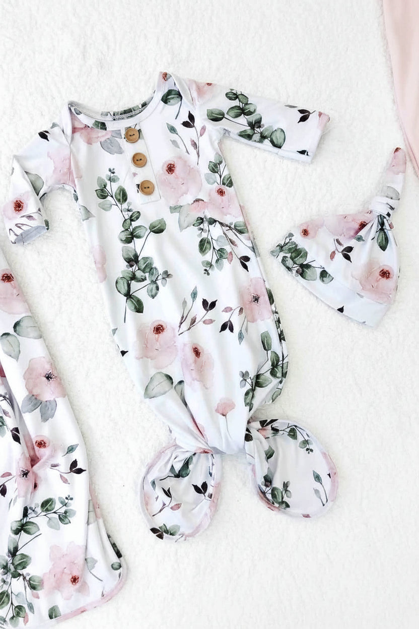 Millie's Dusty Rose Garden Newborn Baby Knot Gown & Hat Set