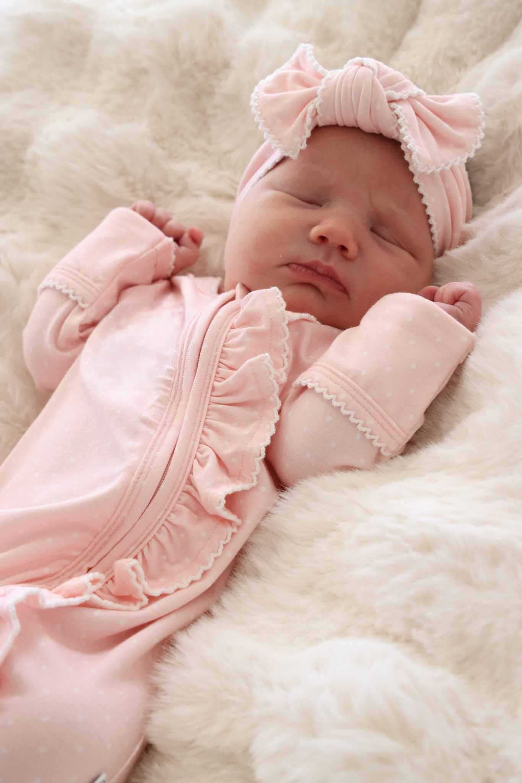 Picot Trim Bamboo Zipper Footie | Baby Pink