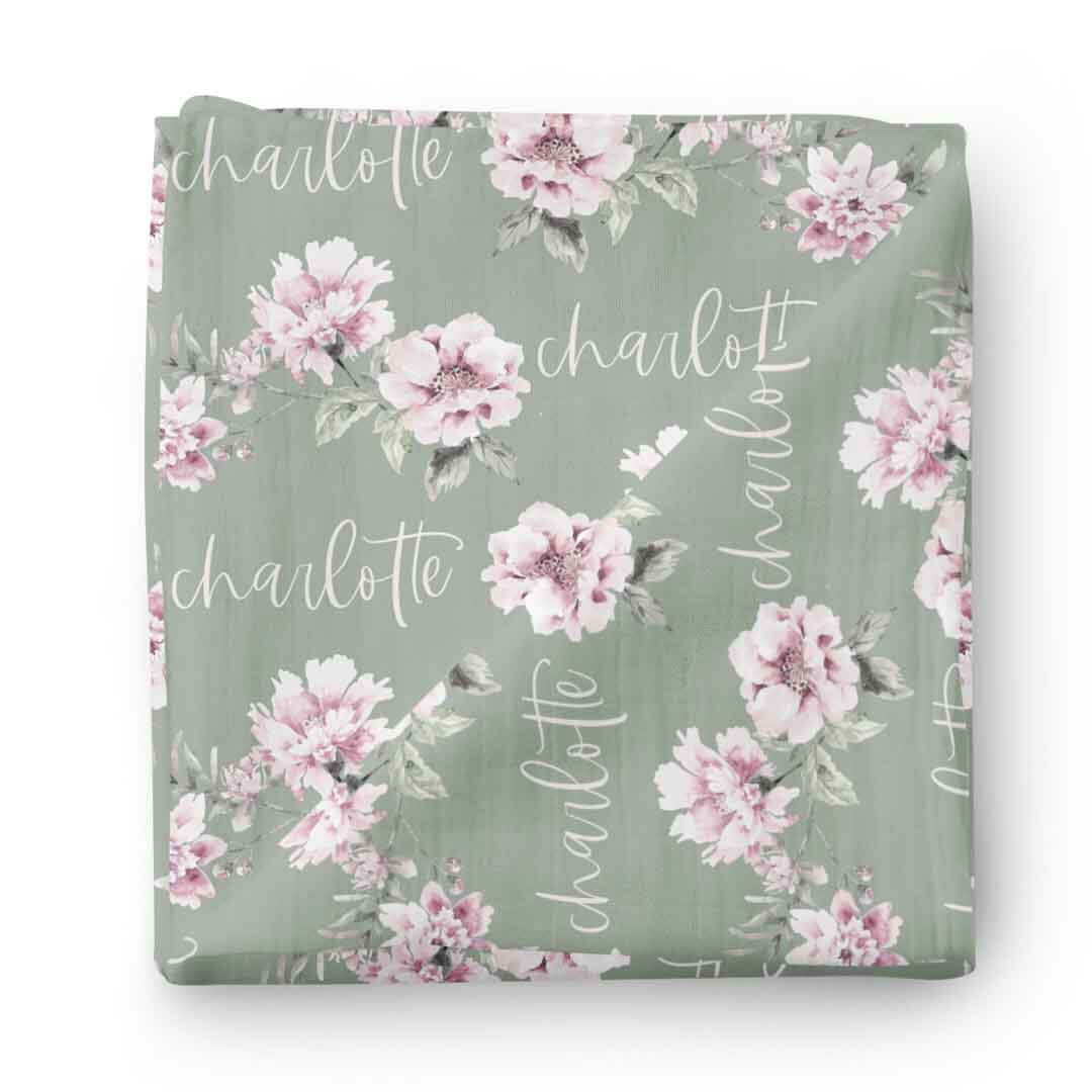 Saylor's Sage & Blush Floral Personalized Baby Name Swaddle