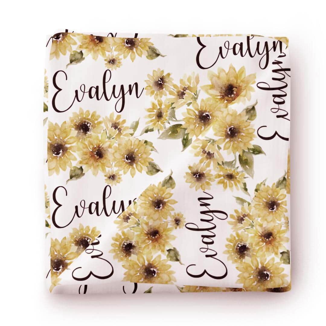 Savannah's Sunflowers Personalized Baby Name Swaddle Blanket