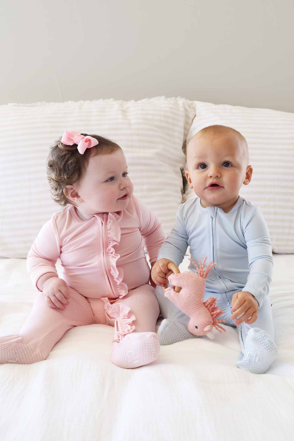 Baby Pink Bamboo Ruffle Zipper Footie