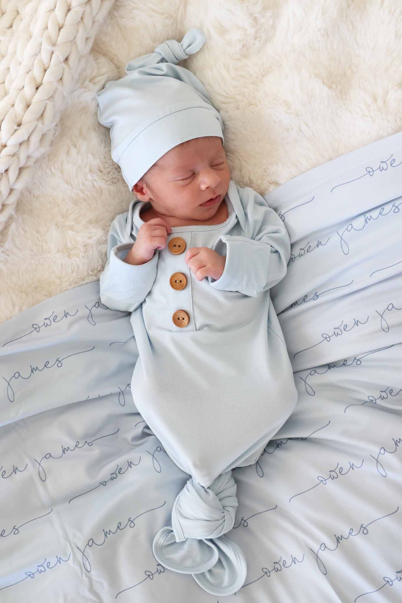 Baby Blue Newborn Baby Knot Gown & Hat Set