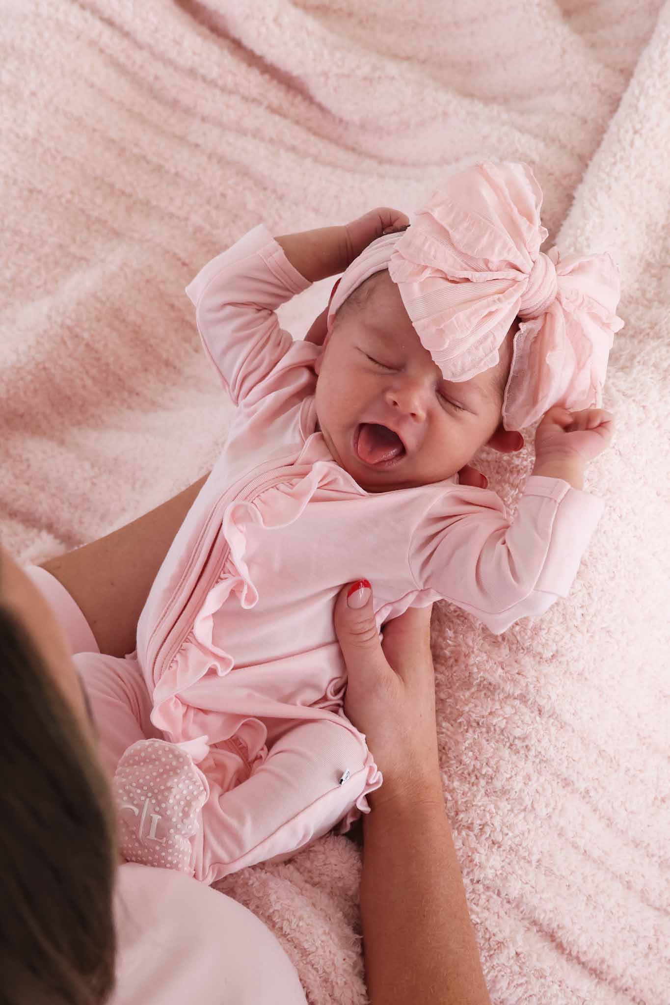 Baby Pink Bamboo Ruffle Zipper Footie