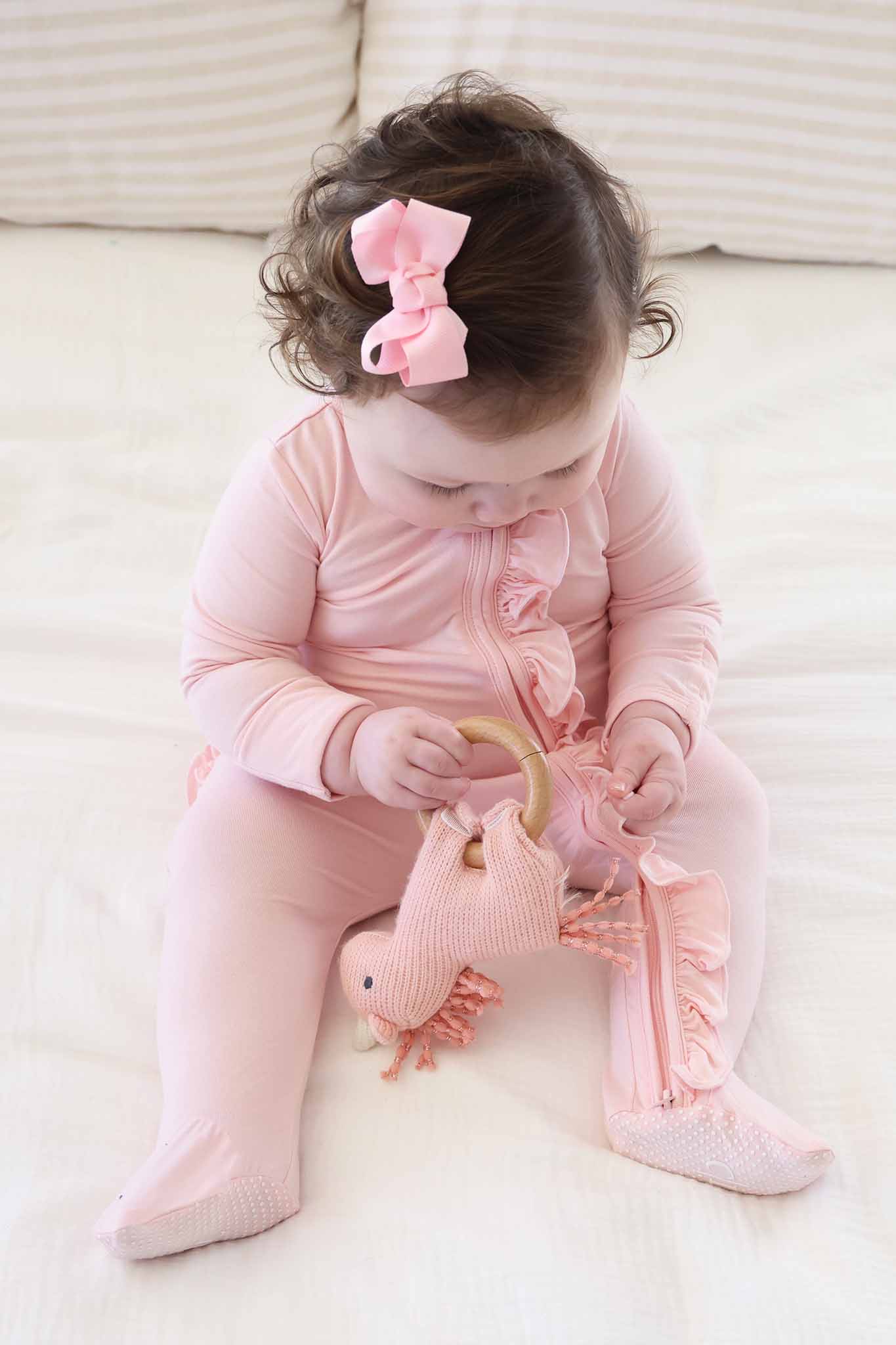 Baby Pink Bamboo Ruffle Zipper Footie