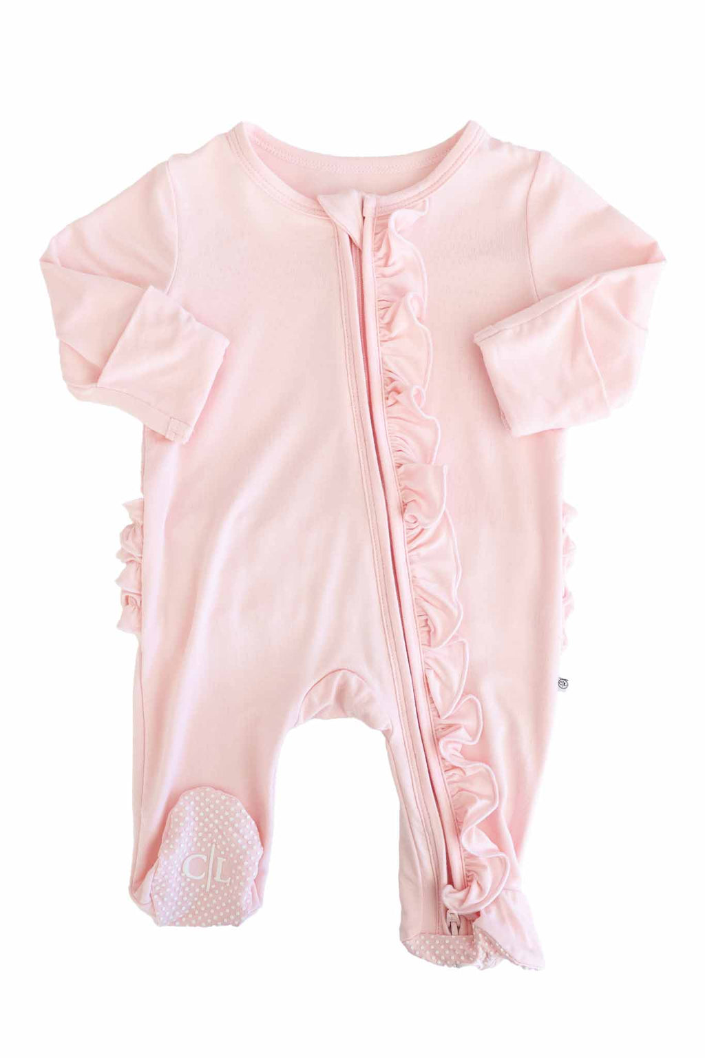 Baby Pink Bamboo Ruffle Zipper Footie