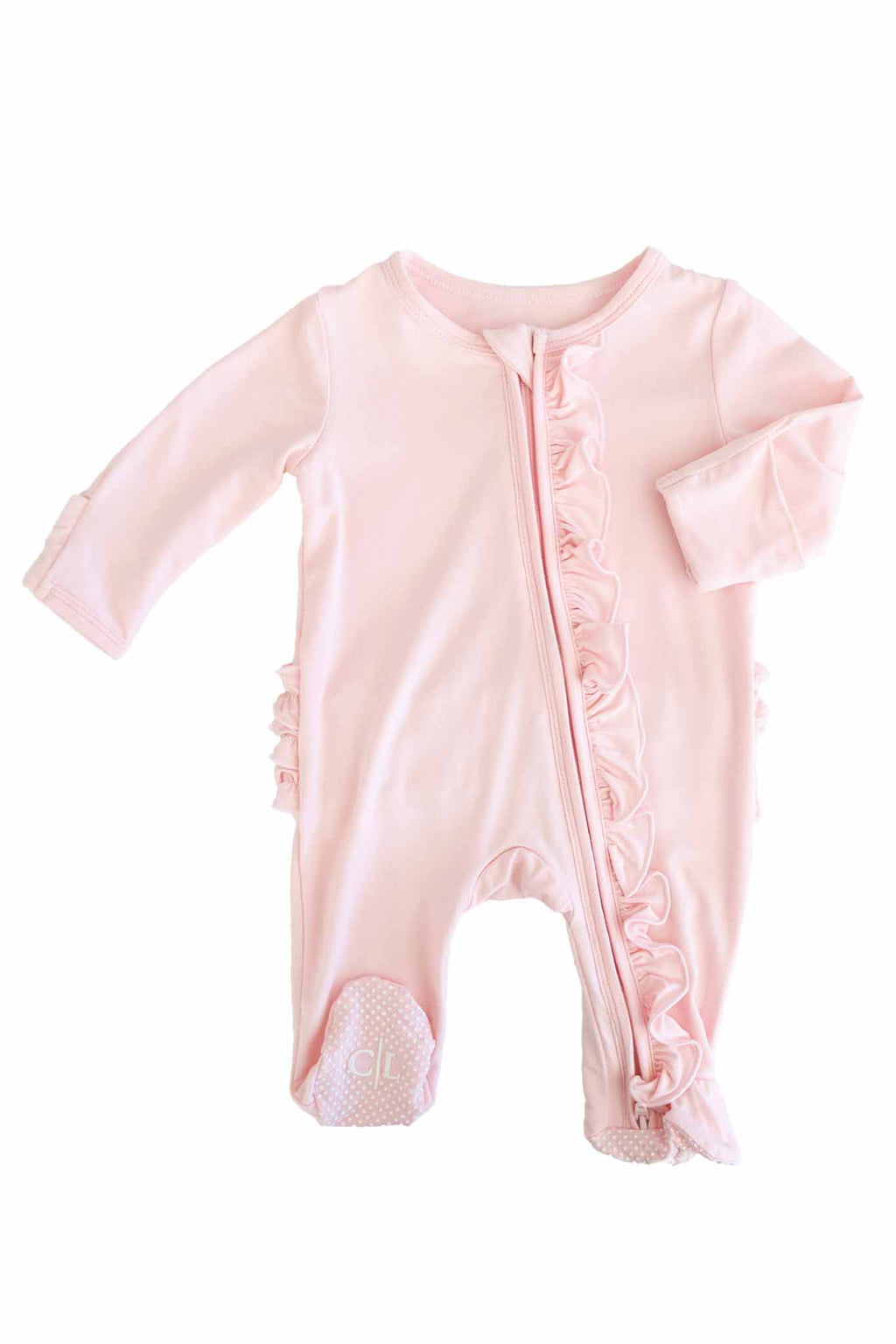 Baby Pink Bamboo Ruffle Zipper Footie