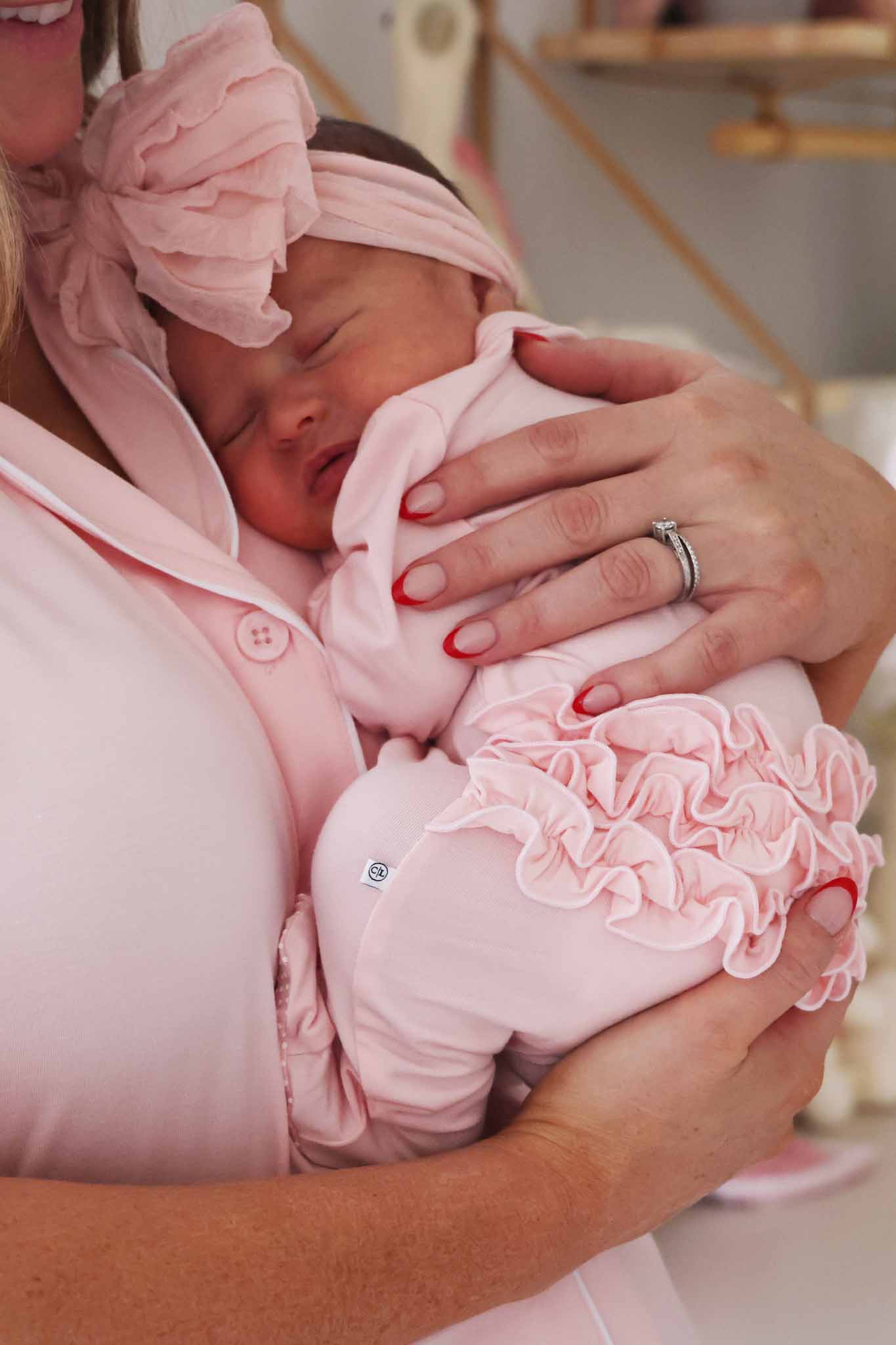 Baby Pink Bamboo Ruffle Zipper Footie