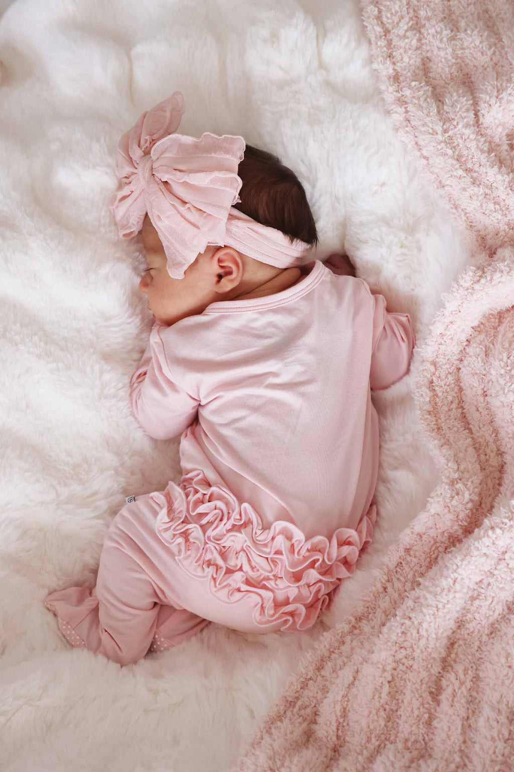 Baby Pink Bamboo Ruffle Zipper Footie