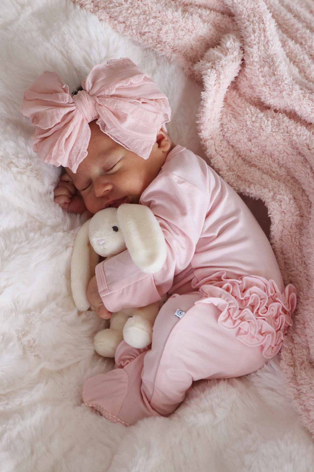 Baby Pink Bamboo Ruffle Zipper Footie