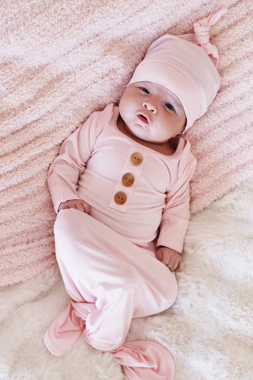 Baby Pink Newborn Baby Knot Gown & Hat Set