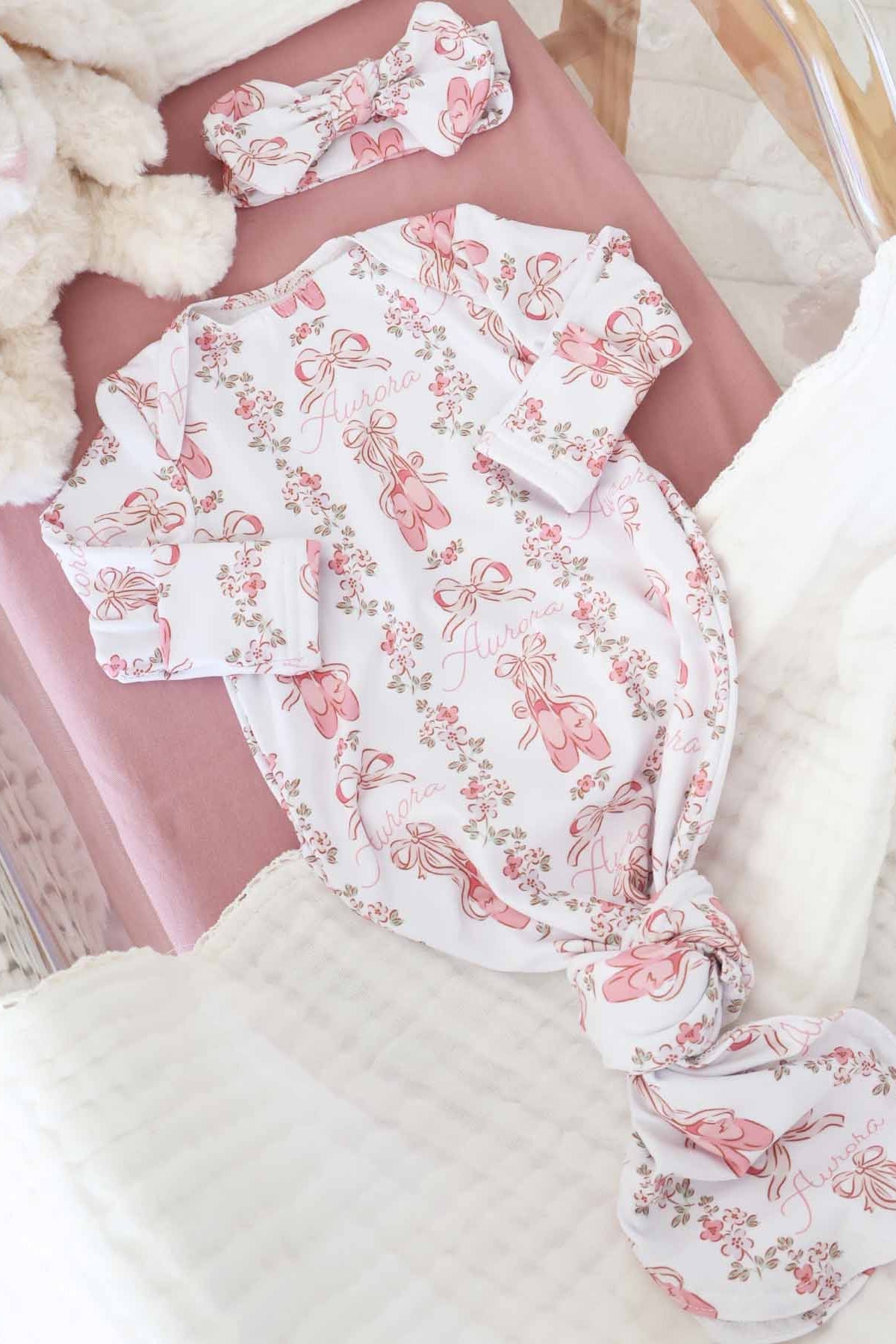 Ballet Blossoms Personalized Newborn Baby Knot Gown