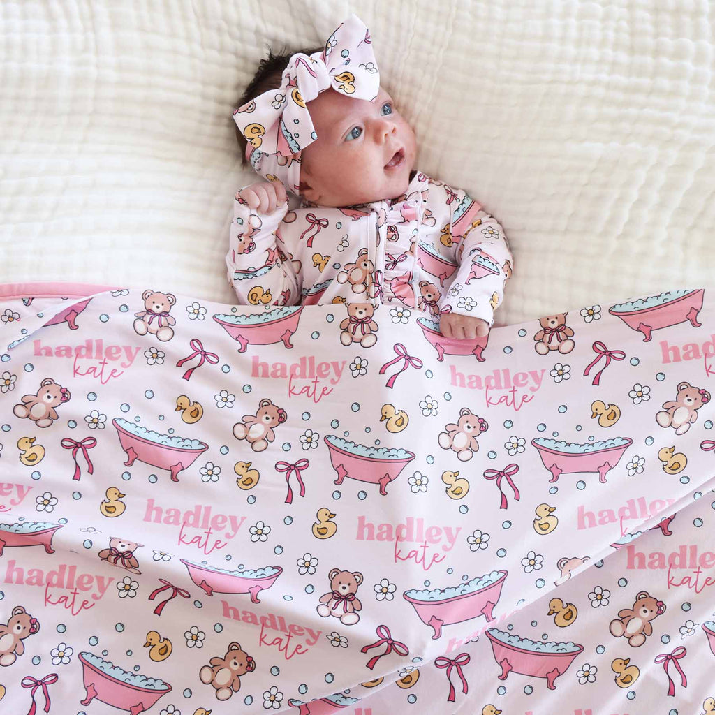 Bathtime Besties Personalized Swaddle Blanket | Pink