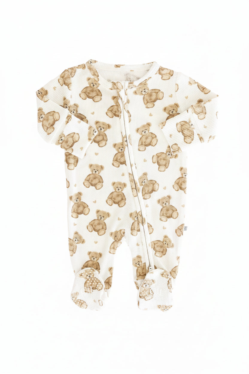 Beary Sweet Bamboo Waffle Zipper Footie