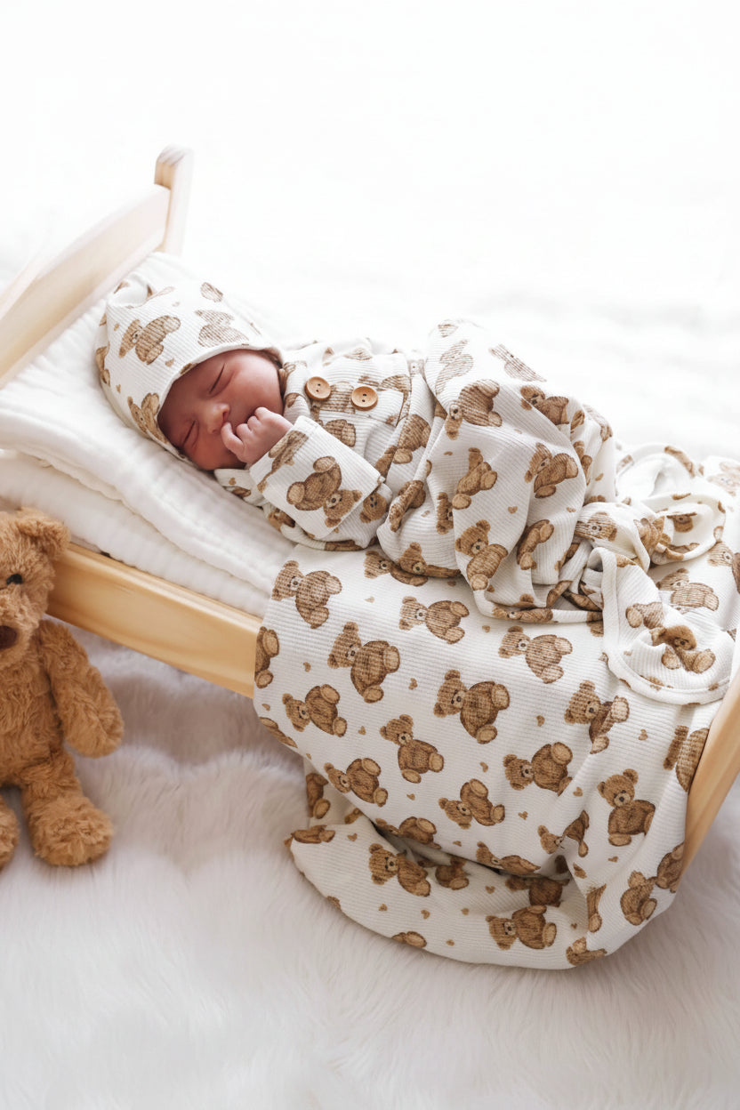 Beary Sweet Bamboo Waffle Newborn Baby Knot Gown & Hat Set