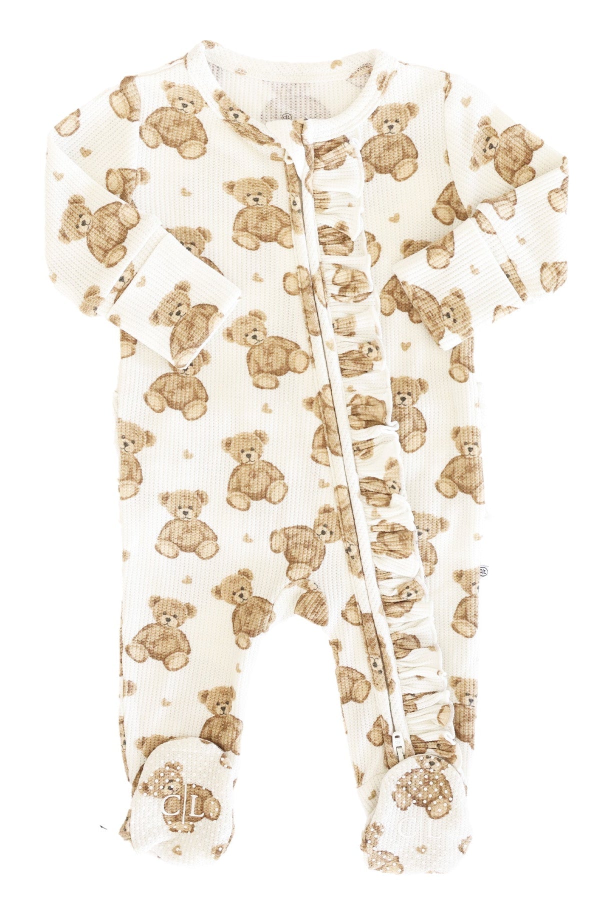 Beary Sweet Bamboo Waffle Zipper Ruffle Footie