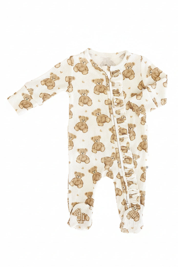 Beary Sweet Bamboo Waffle Zipper Ruffle Footie