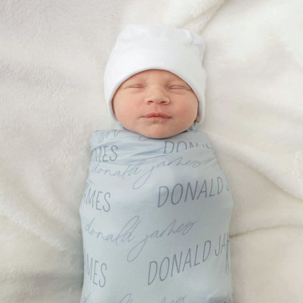 Personalized Light Dusty Blue Baby Name Swaddle Blanket - Block & Script