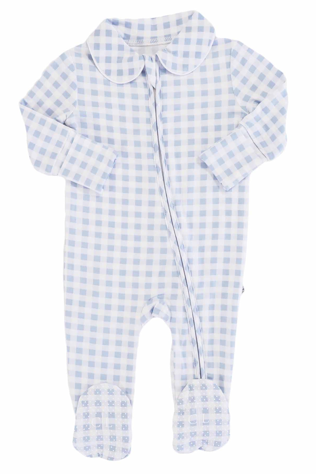 Peter Pan Collar Zipper Footie | Dusty Blue Gingham