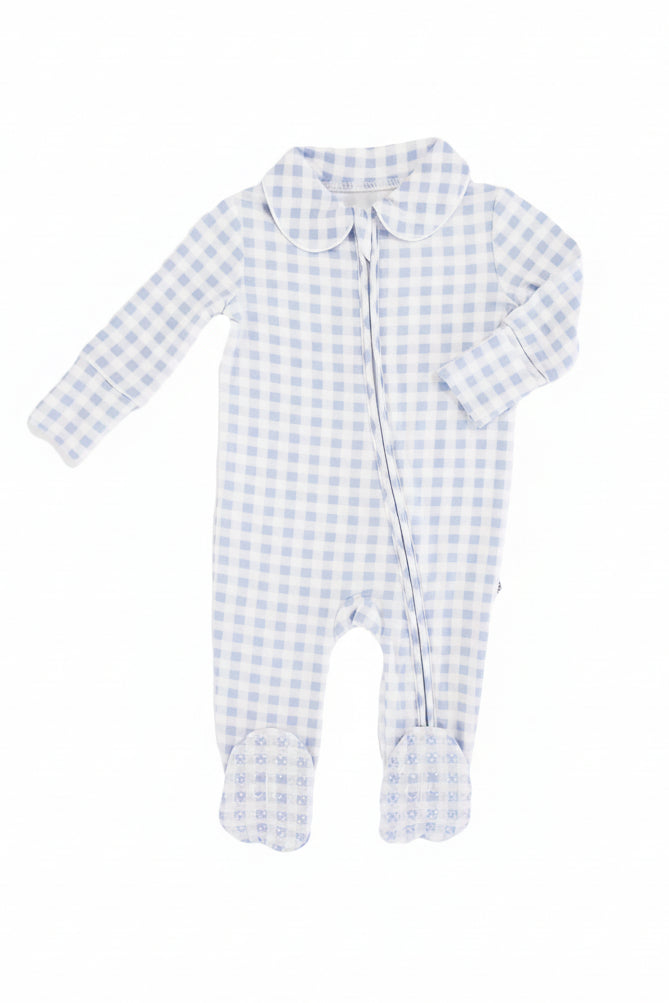 Peter Pan Collar Zipper Footie | Dusty Blue Gingham