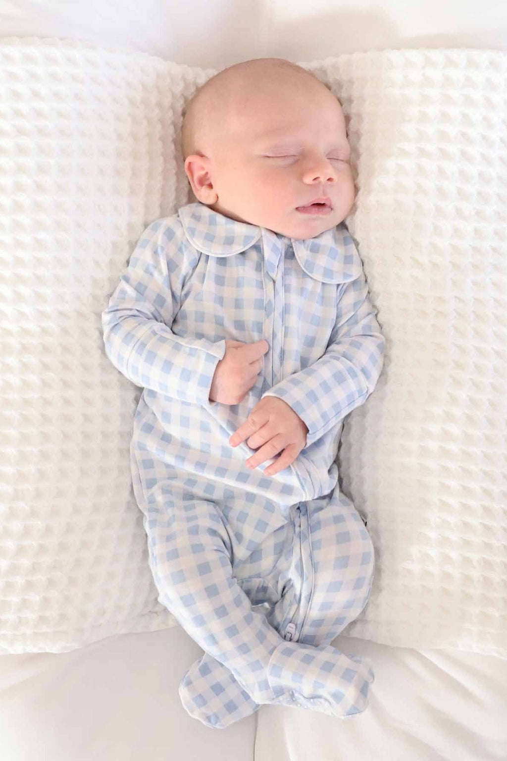 Peter Pan Collar Zipper Footie | Dusty Blue Gingham