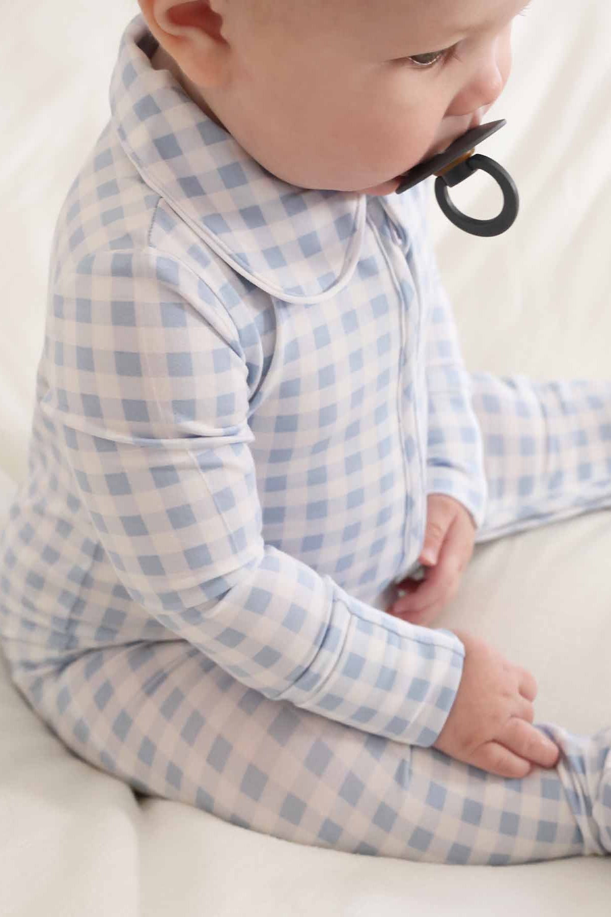 Peter Pan Collar Zipper Footie | Dusty Blue Gingham