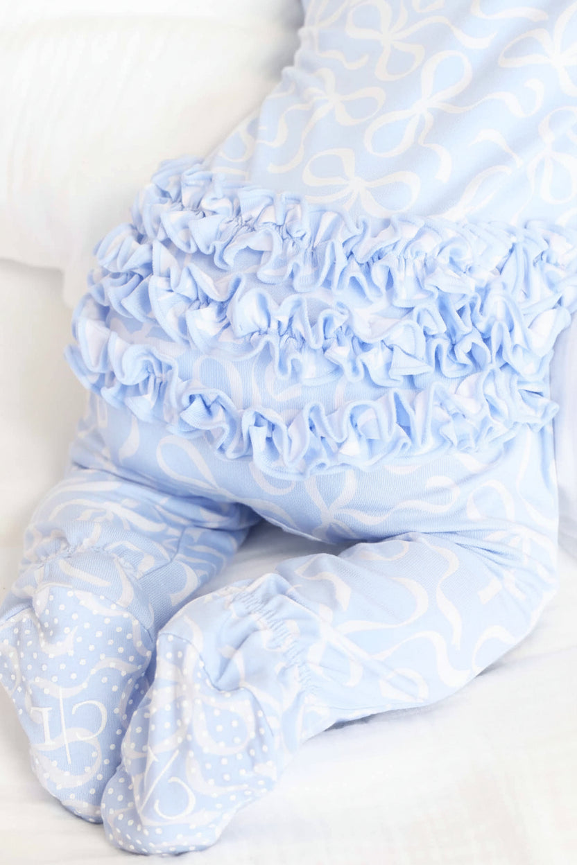 Blue-tiful Bows Ruffle Zipper Footie