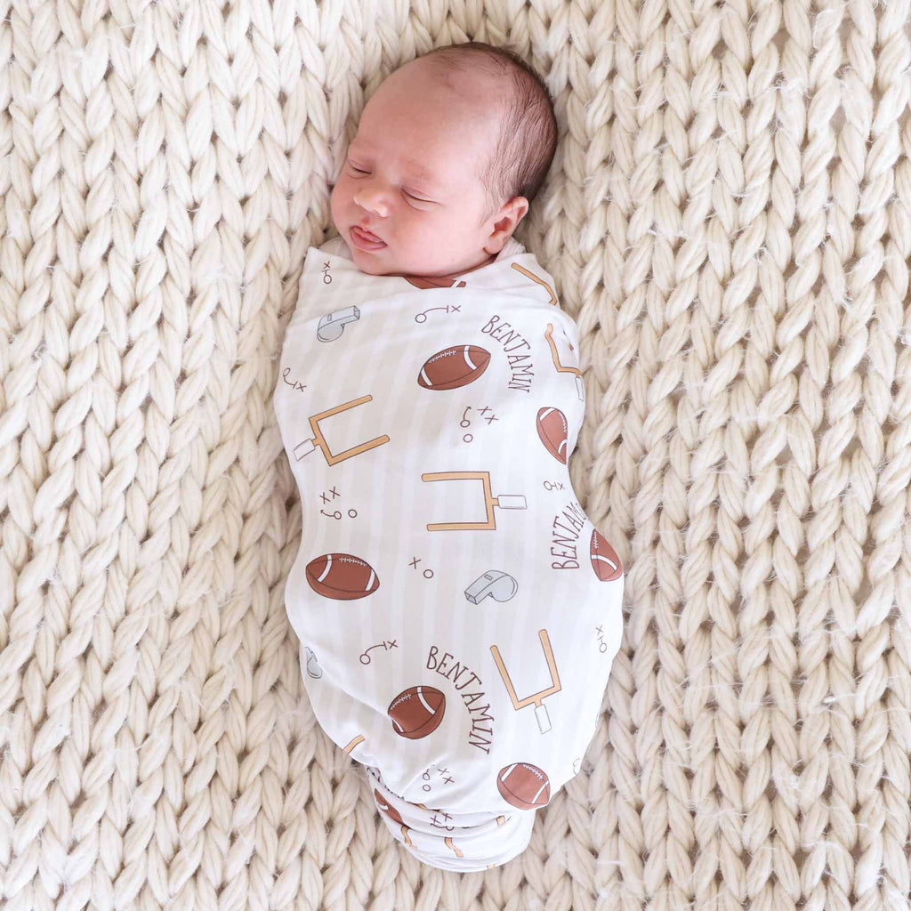 Tiny Touchdowns Personalized Swaddle Blanket | Neutral