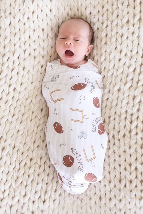 Tiny Touchdowns Personalized Swaddle Blanket | Neutral