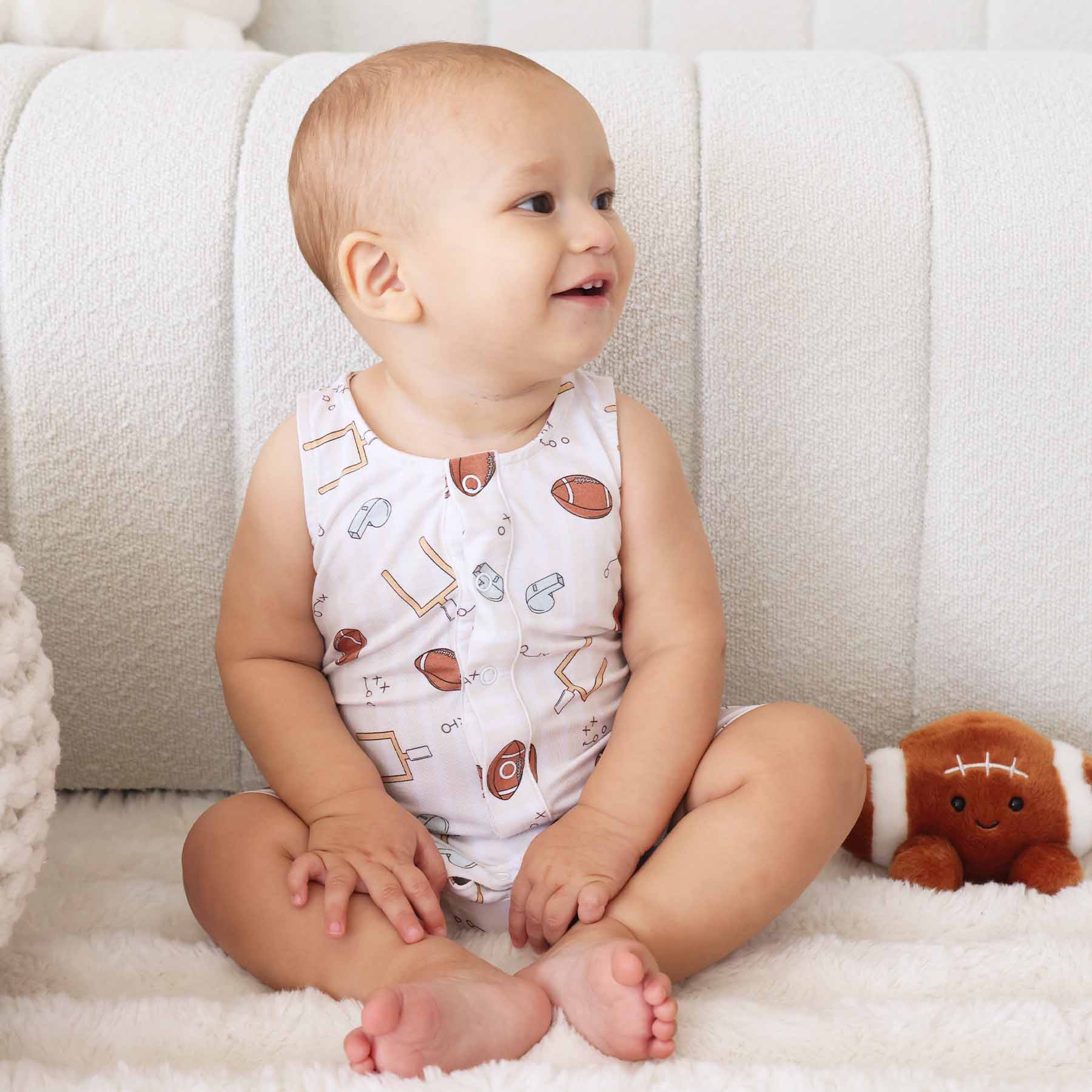 Sleeveless Snap Romper | Tiny Touchdowns Neutral