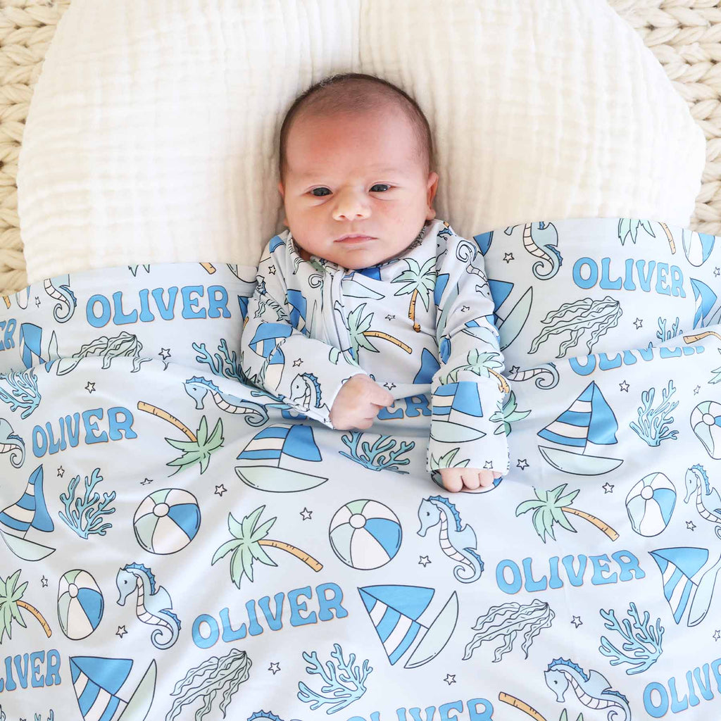 Tiny Tides Personalized Swaddle Blanket | Blue