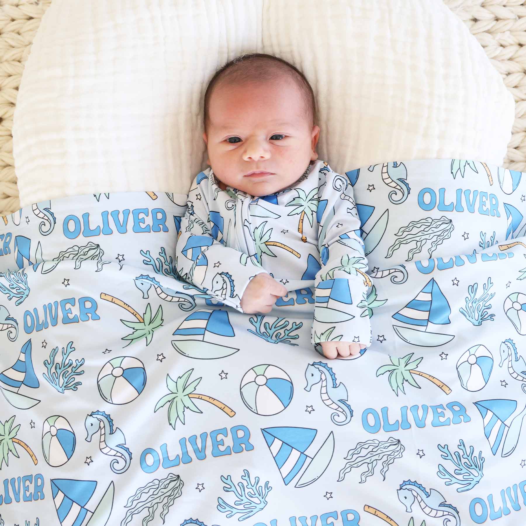 Tiny Tides Personalized Swaddle Blanket | Blue