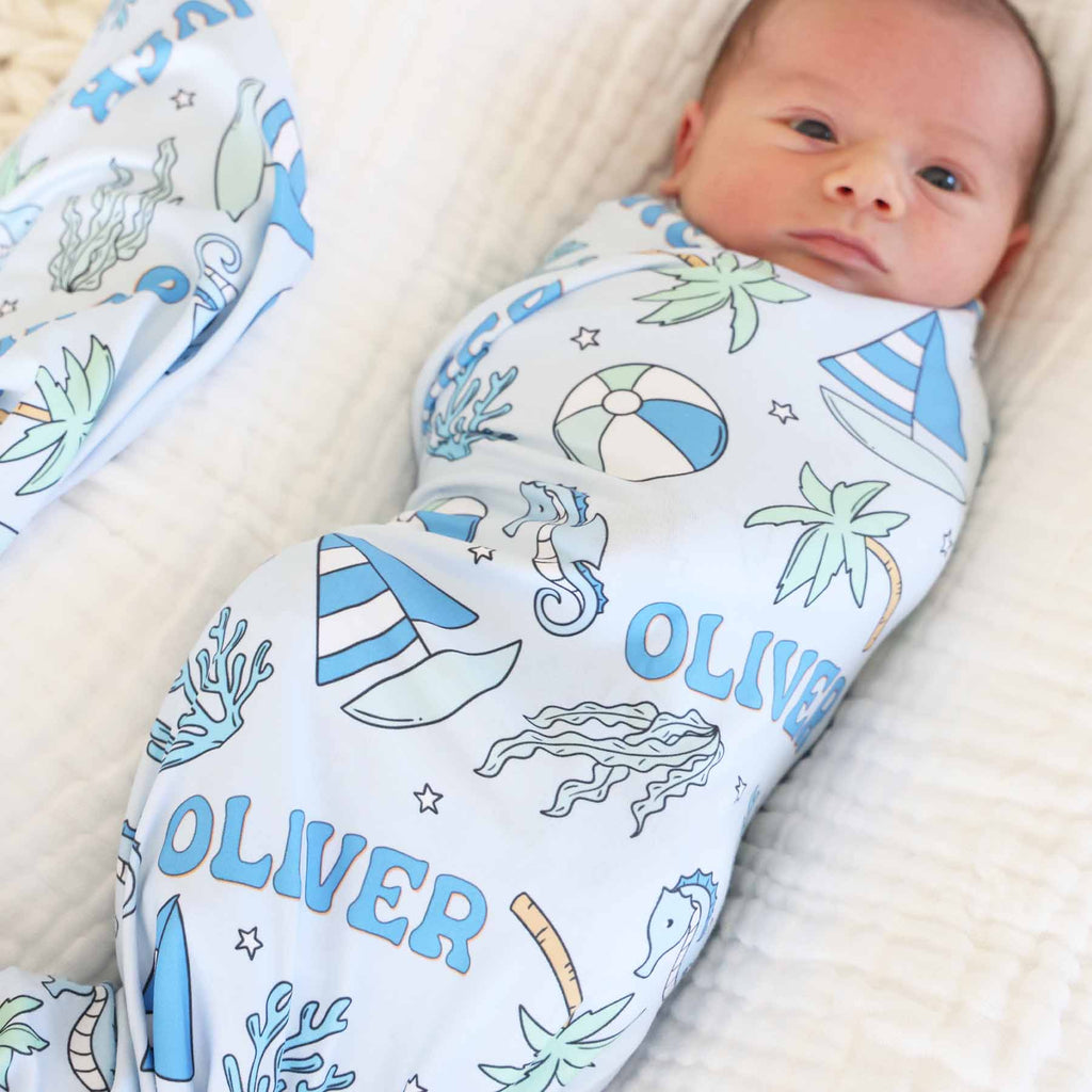 Tiny Tides Personalized Swaddle Blanket | Blue