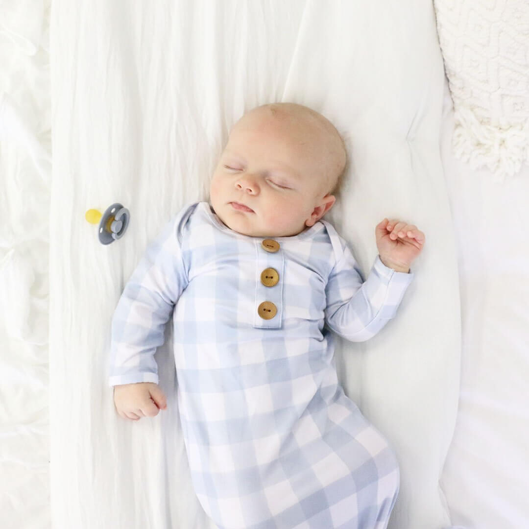 Dusty Blue Gingham Newborn Baby Knot Gown & Hat Set